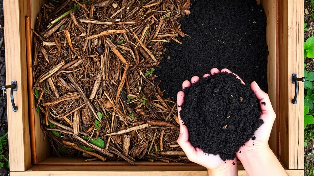 Overhead view of layered compost pile showing brown and green material layers in a wooden bin, rich dark soil visible, hands holding finished compost, garden setting