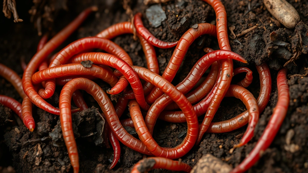 Close-up of red wiggler worms in moist dark compost material, worm castings visible, natural decomposition in progress, organic matter breaking down