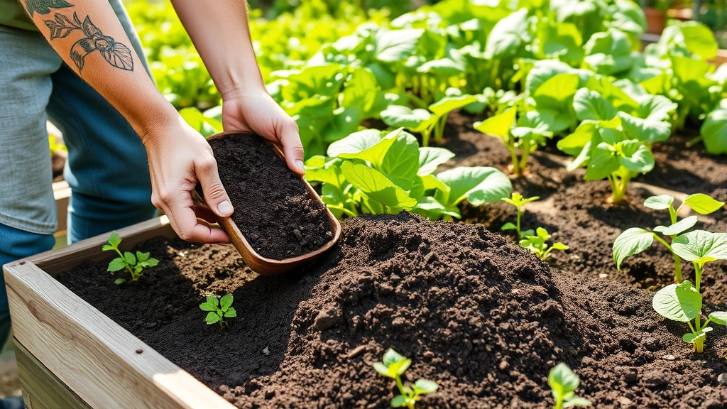 Gardener spreading finished dark compost around vegetable plants in raised garden bed, lush green plants growing, healthy soil amendment application, natural sunlight