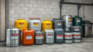 Photorealistic image of various approved metal and plastic fuel storage containers arranged on a concrete surface in a well-lit garage, showing proper labeling and organization for emergency preparedness, clean professional storage setup