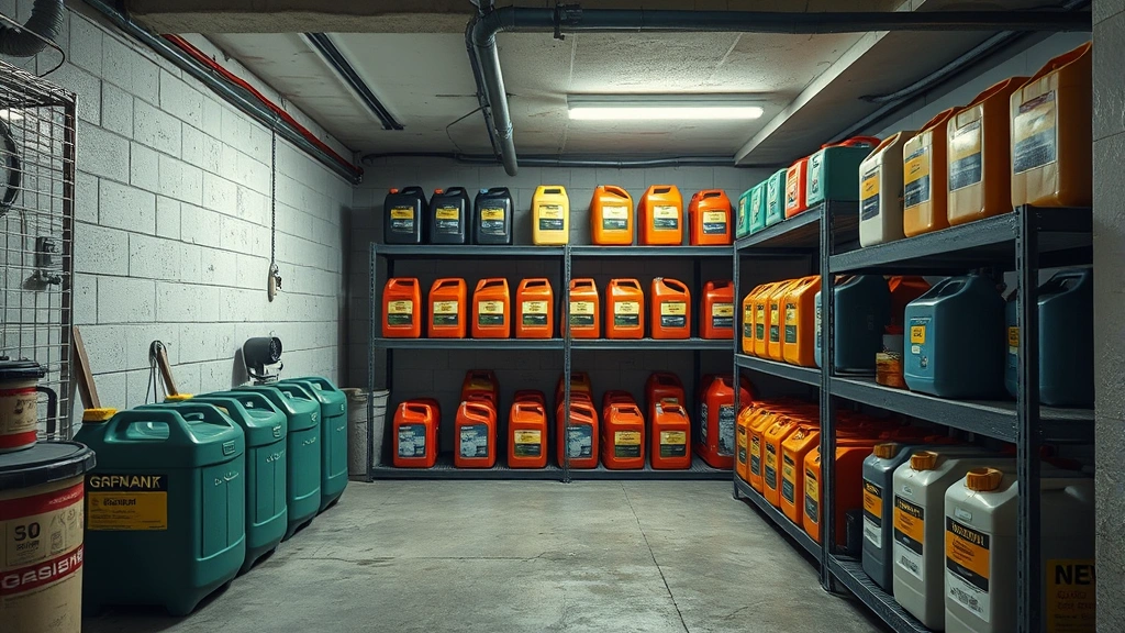 Photorealistic photograph of a climate-controlled basement storage area with gasoline containers neatly arranged on shelving units, demonstrating ideal temperature-stable storage environment away from sunlight and heat sources