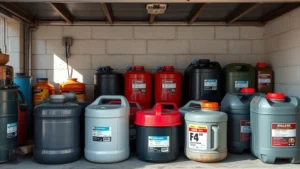 Organized fuel storage containers in a cool, shaded garage with proper ventilation, showing approved metal and plastic fuel cans labeled with dates, no text visible on labels