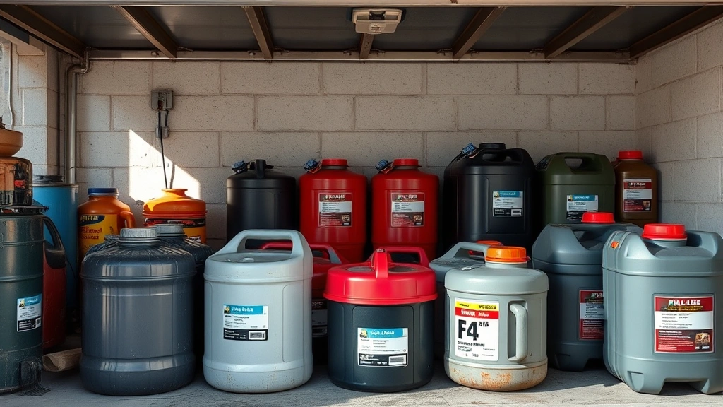 Organized fuel storage containers in a cool, shaded garage with proper ventilation, showing approved metal and plastic fuel cans labeled with dates, no text visible on labels