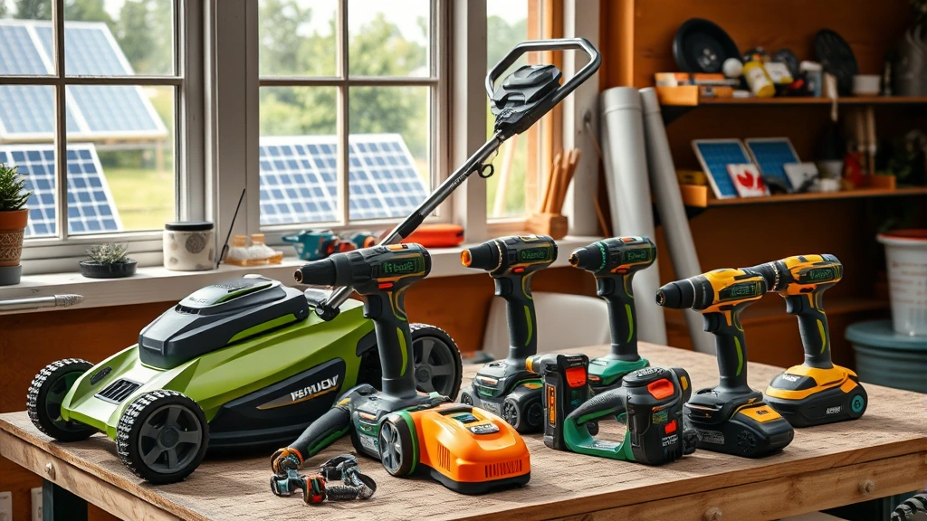 Modern electric lawn mower and cordless power tools arranged on a workbench as sustainable alternatives to gasoline equipment, with solar panels visible through a window in background