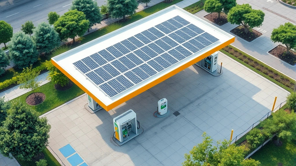 Aerial view of a modern gas station with solar panels on canopy, electric vehicle charging stations visible, surrounded by green landscaping and trees, sustainable fuel infrastructure