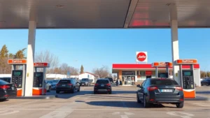 Busy modern gas station with multiple fuel pumps during daytime, cars refueling, convenience store visible in background, clear blue sky, photorealistic scene with no visible text or signage