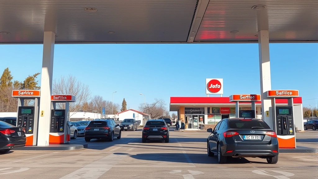 Busy modern gas station with multiple fuel pumps during daytime, cars refueling, convenience store visible in background, clear blue sky, photorealistic scene with no visible text or signage