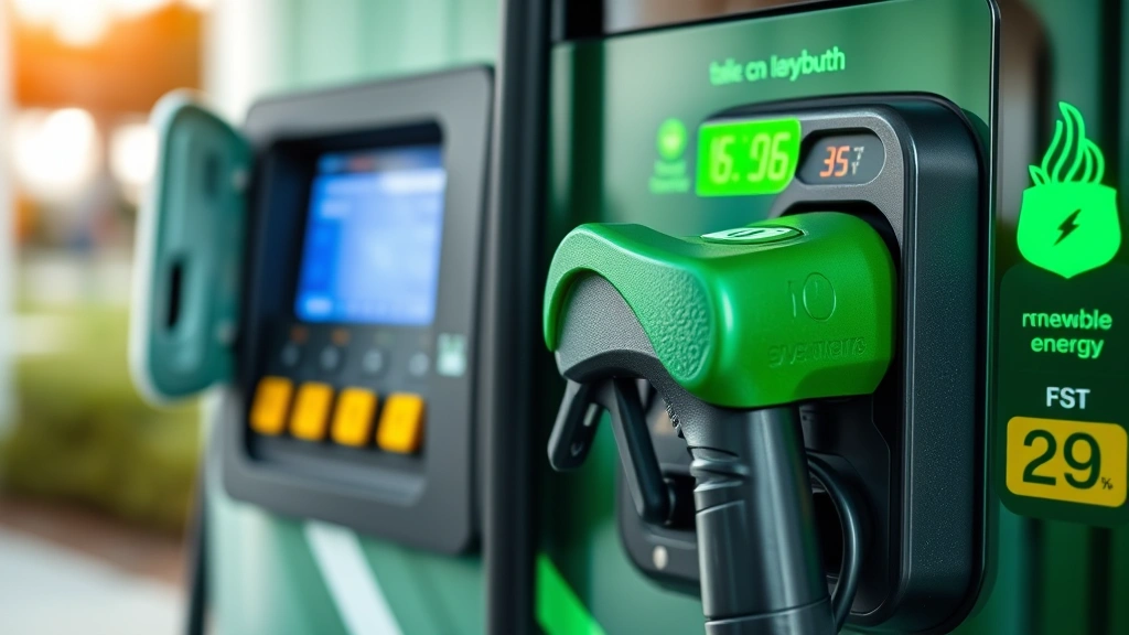 Close-up of futuristic hybrid gas station pump with EV charging connector and traditional nozzle, eco-friendly design, digital payment interface, renewable energy visible