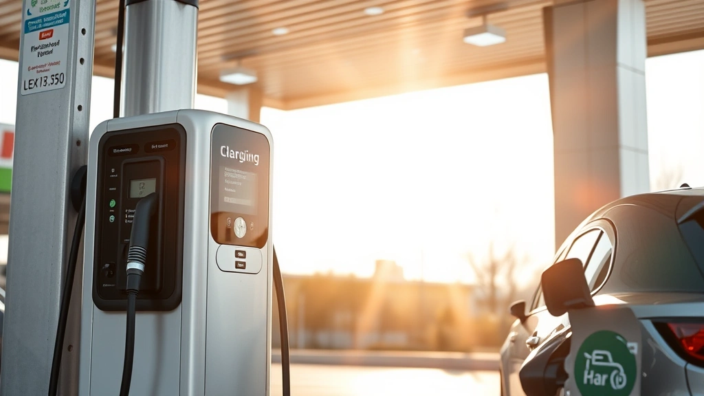 Electric vehicle charging station installed next to traditional fuel pump at gas station, modern infrastructure, sunlight illuminating the charging hardware, no text visible on equipment