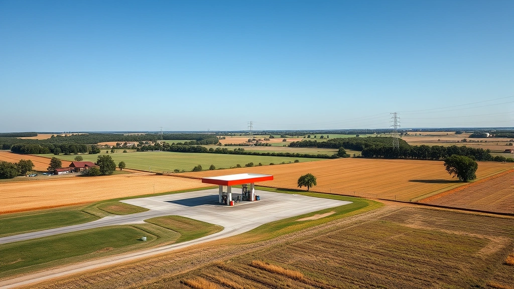 Wide shot of rural landscape with single gas station nestled among fields and trees, representing geographic distribution of fuel infrastructure across America