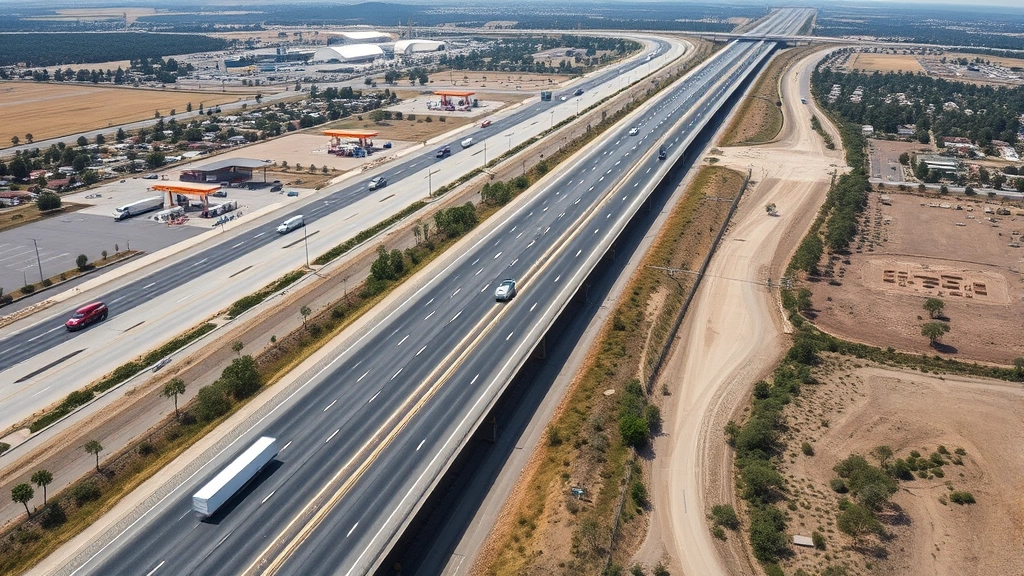 Aerial view of highway with multiple gas stations and truck stops distributed along the corridor, surrounding landscape visible, daytime lighting, photorealistic without visible text
