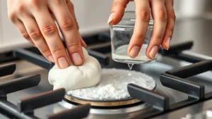 Close-up of hands using baking soda and white vinegar paste on shiny stainless steel gas stove grates, fizzing reaction visible, soft natural kitchen lighting, sustainable cleaning concept