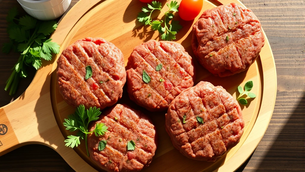 Overhead view of fresh grass-fed beef burger patties on wooden cutting board with fresh herbs and organic ingredients, natural sunlight, no text or labels visible