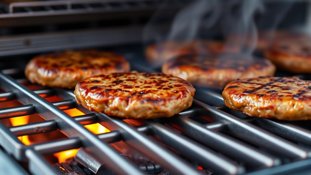 Close-up of stainless steel gas grill grates with sizzling burger patties, flame visible beneath, steam rising, vibrant natural lighting, no signage