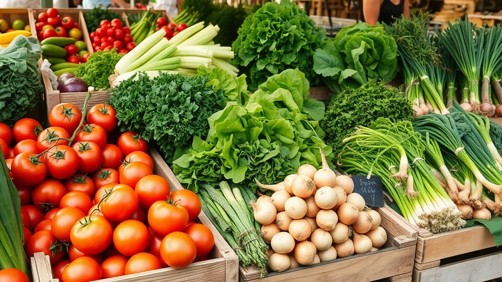 Farmers market display of fresh local vegetables, tomatoes, lettuce, and onions in wooden crates, sunlight streaming, sustainable produce arrangement, no price tags or text