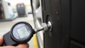 Close-up of tire pressure gauge measuring PSI on vehicle tire at gas station, showing digital readout and valve stem connection