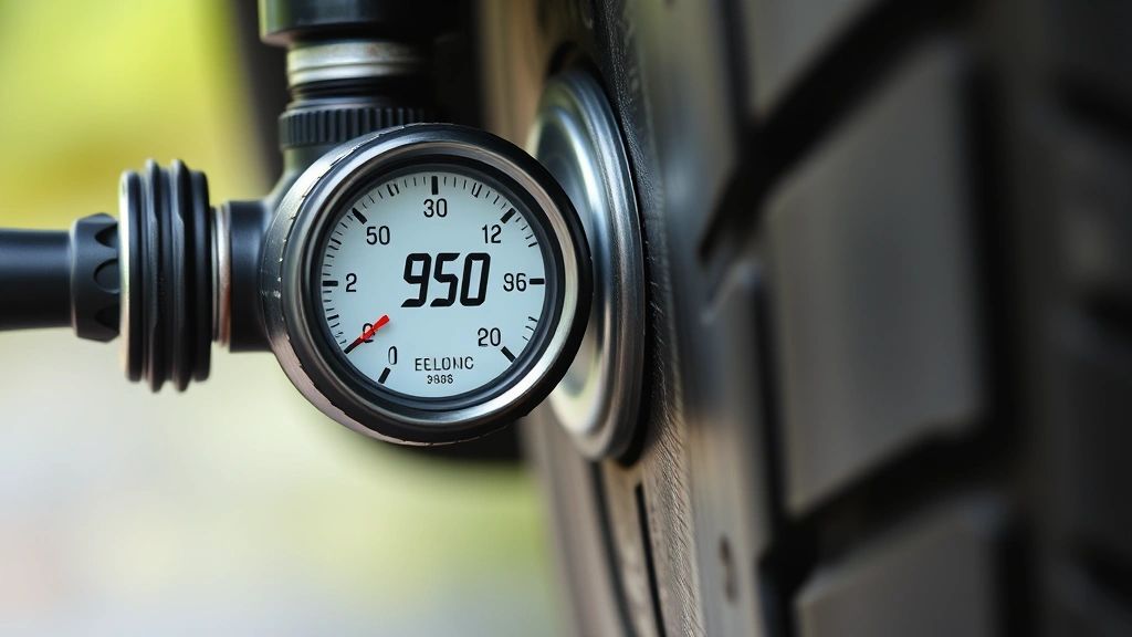 Close-up of a tire pressure gauge displaying PSI reading on a car tire valve stem with blurred green background, photorealistic eco-friendly automotive maintenance