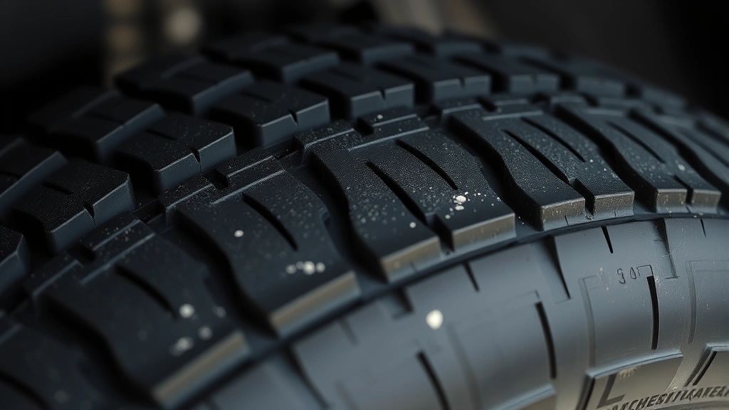 Properly inflated tire treads showing optimal depth and wear pattern on environmentally conscious vehicle, close-up detail shot with shallow depth of field
