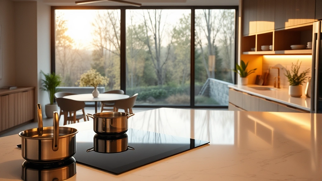 Modern residential kitchen with sleek induction cooktop, stainless steel cookware, minimalist design, warm natural lighting through large windows, sustainable kitchen aesthetic