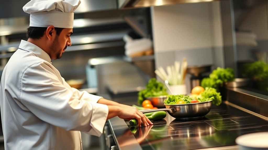 Professional chef in white chef coat working at commercial induction cooktop with multiple burners, preparing fresh vegetables, restaurant kitchen setting, professional environment