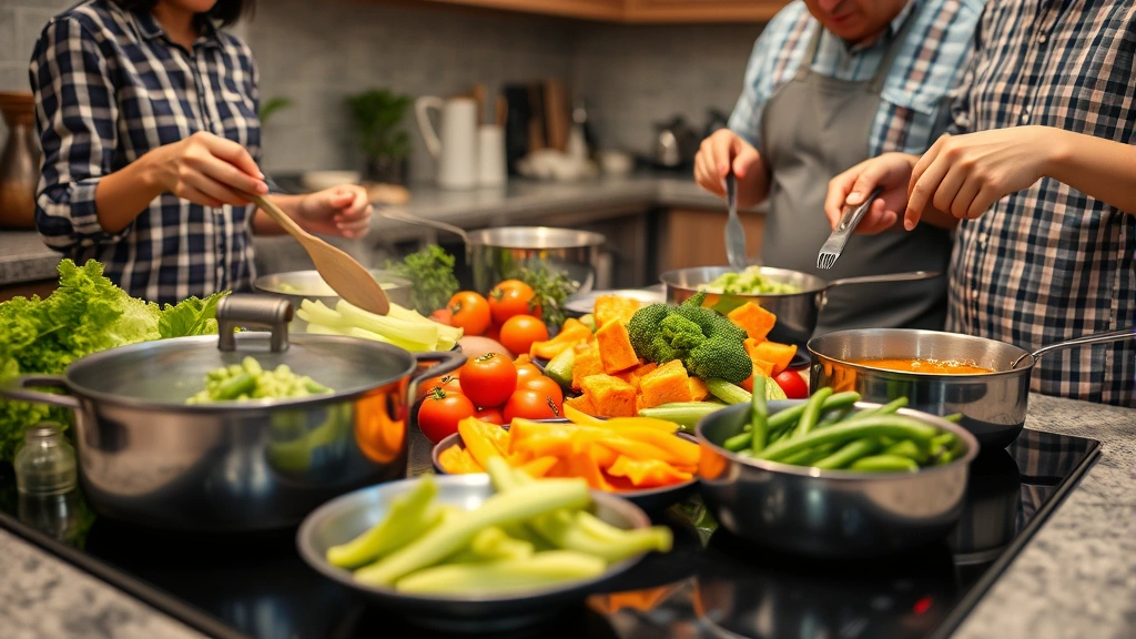 Close-up of family meal preparation on induction cooktop, various colorful vegetables and cookware, kitchen steam rising, warm domestic cooking atmosphere, multigenerational involvement