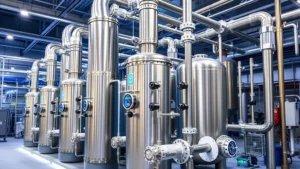 Modern industrial air separation unit facility with stainless steel cryogenic equipment, frost-covered pipes, and blue lighting, representing advanced gas separation technology in an industrial setting