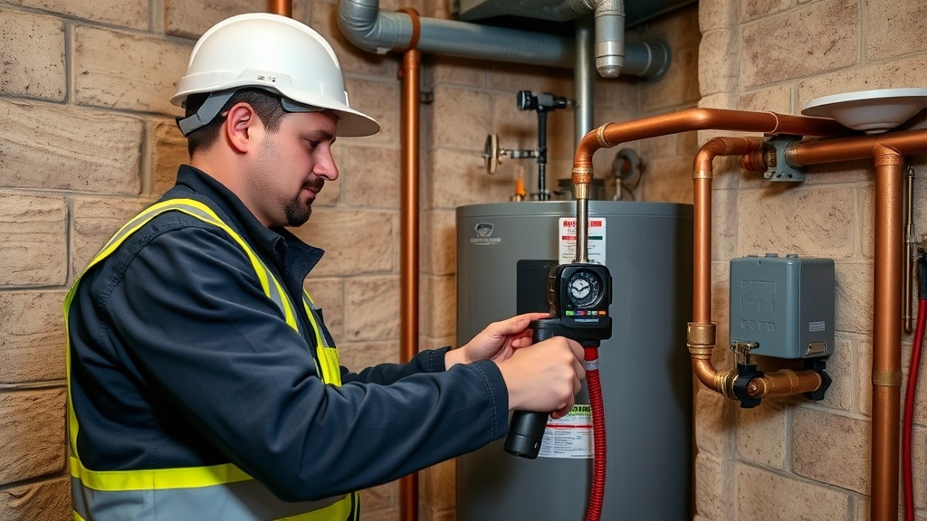Professional technician in safety gear installing a gas water heater in a residential basement, using specialized tools for pressure testing, showing proper venting installation and gas line connections