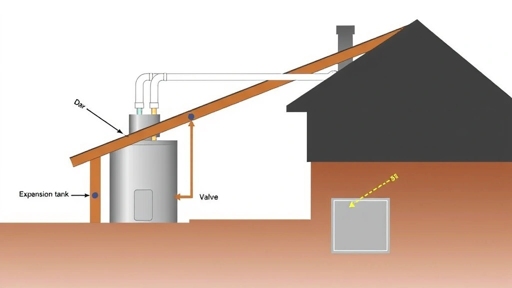 Cross-section diagram style illustration showing proper water heater venting system routing through roof with expansion tank, relief valve, and drain pan components clearly positioned