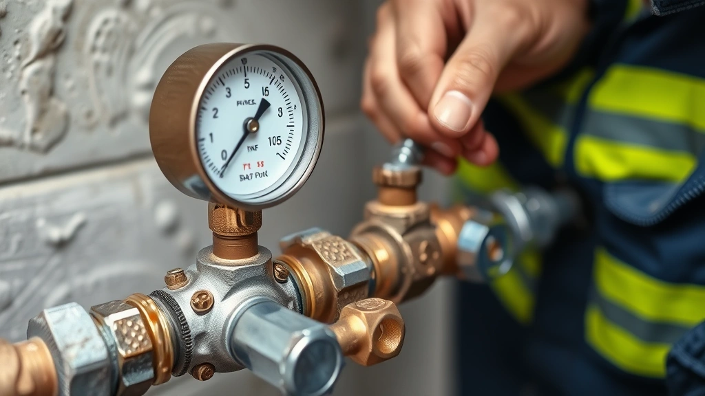 Close-up of gas line connections with pressure testing gauge, showing proper fitting installation and safety shut-off valves on flexible connectors, technician performing leak detection