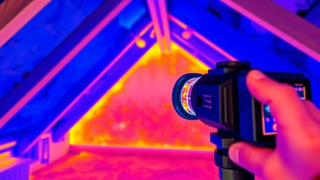 Thermal imaging camera showing heat loss through uninsulated attic with blue and red color gradients indicating temperature variations, professional home energy audit in progress