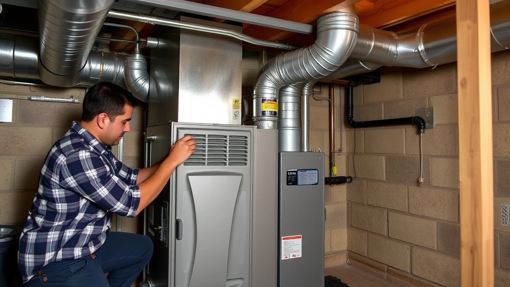 Modern high-efficiency furnace installation in basement with technician performing maintenance, showing HVAC components and ductwork in residential setting