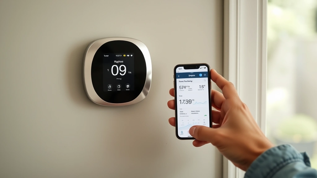 Homeowner adjusting smart thermostat on wall with smartphone app displayed, showing digital temperature control and energy consumption analytics on device screen