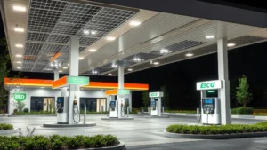 Modern eco-friendly gas station with solar panels on canopy, LED lighting, clean pump islands, lush green landscaping, professional appearance, bright daylight, wide angle view showing environmental commitment