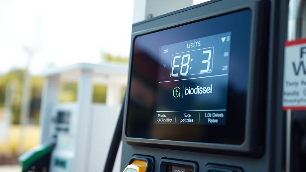 Renewable fuel pump display showing E85 and biodiesel options, clear digital signage, professional equipment, clean surroundings, natural daylight illumination, close-up perspective highlighting sustainable choices