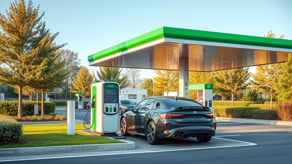 Electric vehicle charging station integrated into gas station property, modern infrastructure, green environment, sustainable urban setting, contemporary design, daytime photography showing future fuel transition