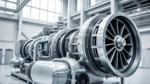 Modern industrial gas turbine system with sleek metallic components, advanced digital control panels glowing softly, positioned in a contemporary facility with clean geometric architecture and natural lighting, showcasing precision engineering and technological innovation in clean energy infrastructure