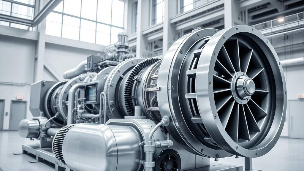 Modern industrial gas turbine system with sleek metallic components, advanced digital control panels glowing softly, positioned in a contemporary facility with clean geometric architecture and natural lighting, showcasing precision engineering and technological innovation in clean energy infrastructure