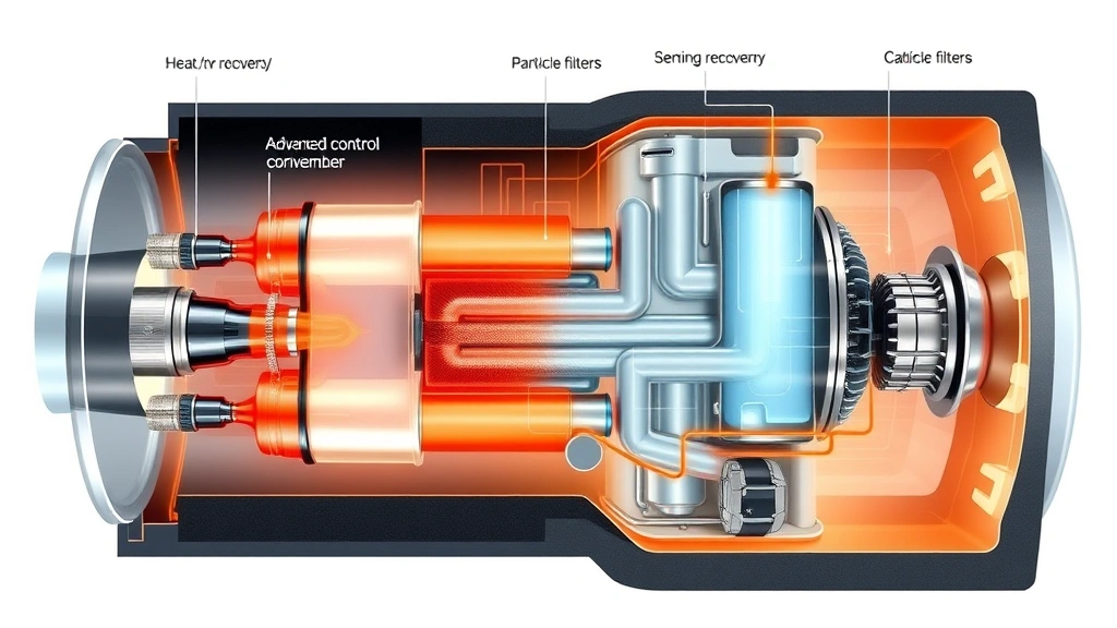 Cross-section technical illustration of emission control mechanisms showing catalytic converters, particle filters, and heat recovery systems integrated seamlessly, with flowing patterns representing optimized gas flow through the advanced combustion chamber design