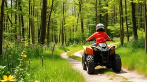 Child riding electric ATV on forest trail, surrounded by green trees and wildflowers, bright sunny day, no visible text or labels, photorealistic, eco-friendly outdoor recreation