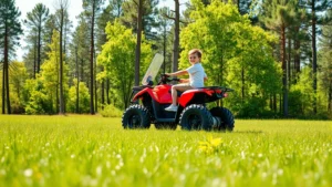 Child riding red electric ATV on green grass field with forest trees in background, sustainable recreational vehicle in natural setting, bright sunny day with clear sky, photorealistic image showing eco-friendly recreation