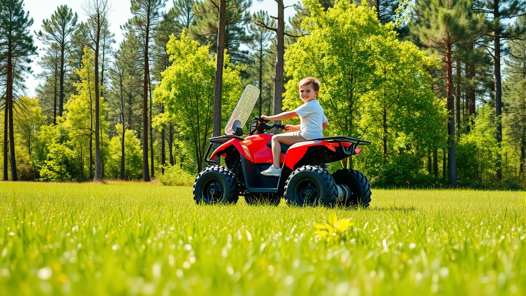 Child riding red electric ATV on green grass field with forest trees in background, sustainable recreational vehicle in natural setting, bright sunny day with clear sky, photorealistic image showing eco-friendly recreation