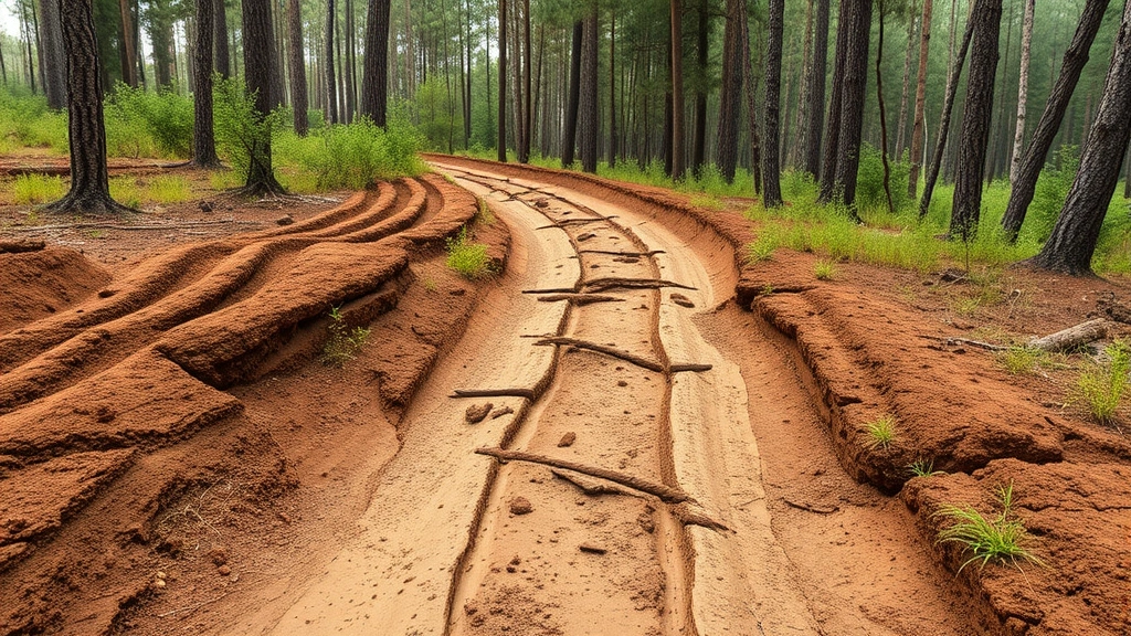 Damaged off-road trail through forest with soil erosion, tire tracks creating deep ruts in earth, vegetation destruction from ATV use, ecological impact visualization showing habitat degradation