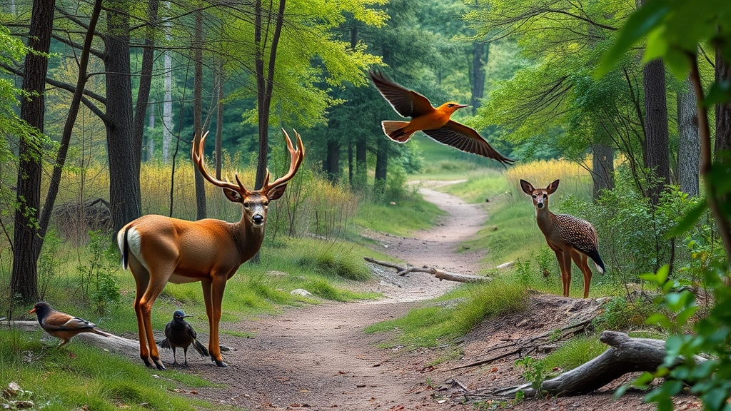 Wildlife habitat with deer, birds, and forest ecosystem, peaceful natural setting with trail in background, photorealistic nature photography, biodiversity and habitat conservation focus