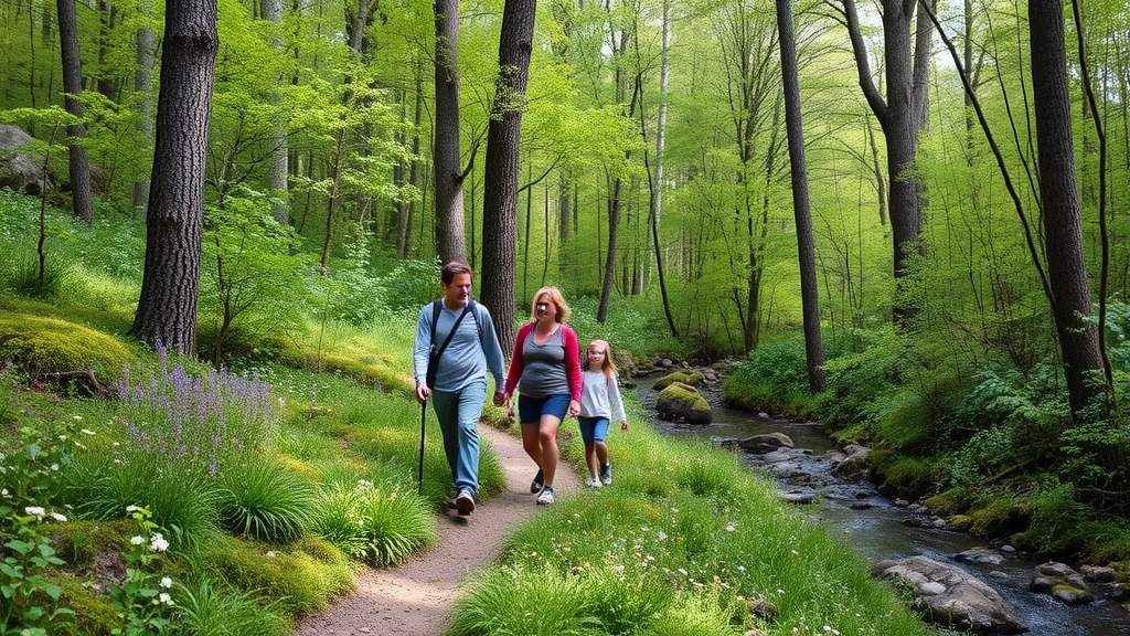 Family exploring nature trail on foot in pristine forest ecosystem, diverse green vegetation, wildflowers, clean stream water, healthy wildlife habitat untouched by recreational vehicles