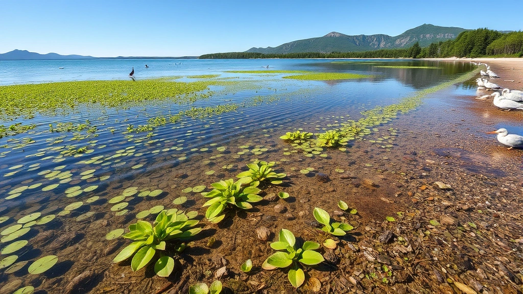 Pristine freshwater lake shoreline with native aquatic plants, birds, and natural landscape demonstrating ecological balance and water quality without visible pollution