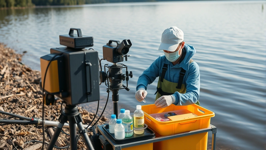Professional water quality testing equipment and scientific monitoring instruments at lake shore with technician collecting samples for environmental analysis and assessment