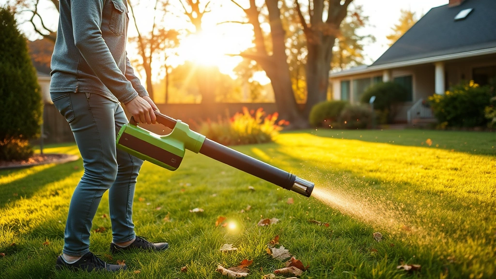 Person using cordless electric leaf blower in lush green residential yard during autumn, golden sunlight filtering through trees, zero emissions, modern battery-powered equipment visible
