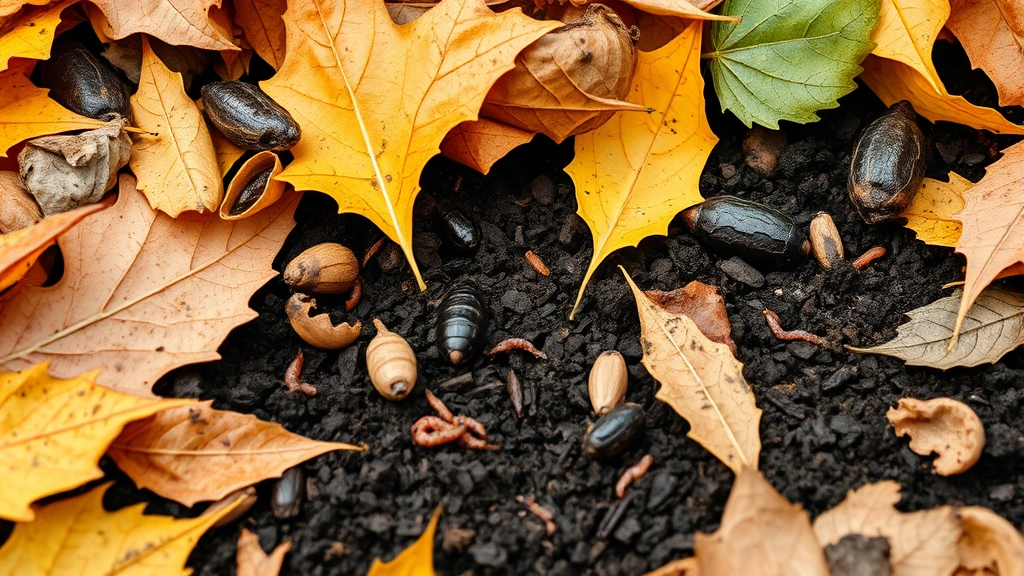 Close-up of fallen autumn leaves composting naturally on dark soil in garden bed, earthworms and beneficial insects visible, organic nutrient cycling, sustainable yard maintenance