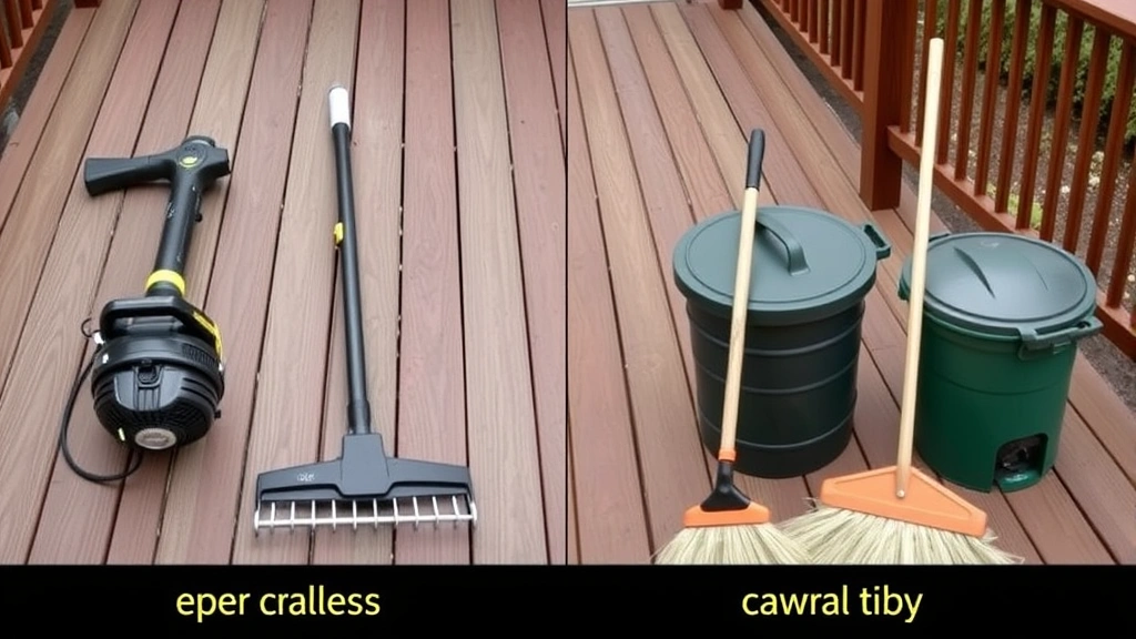 Side-by-side comparison showing electric and manual yard tools on wooden deck: cordless blower, rake, broom, and compost bin, clean sustainable yard care equipment
