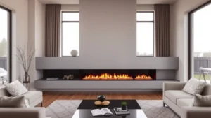 Modern linear gas fireplace installed in contemporary living room with minimalist decor, warm flame effect glowing, no text visible, natural lighting from windows, sustainable home interior